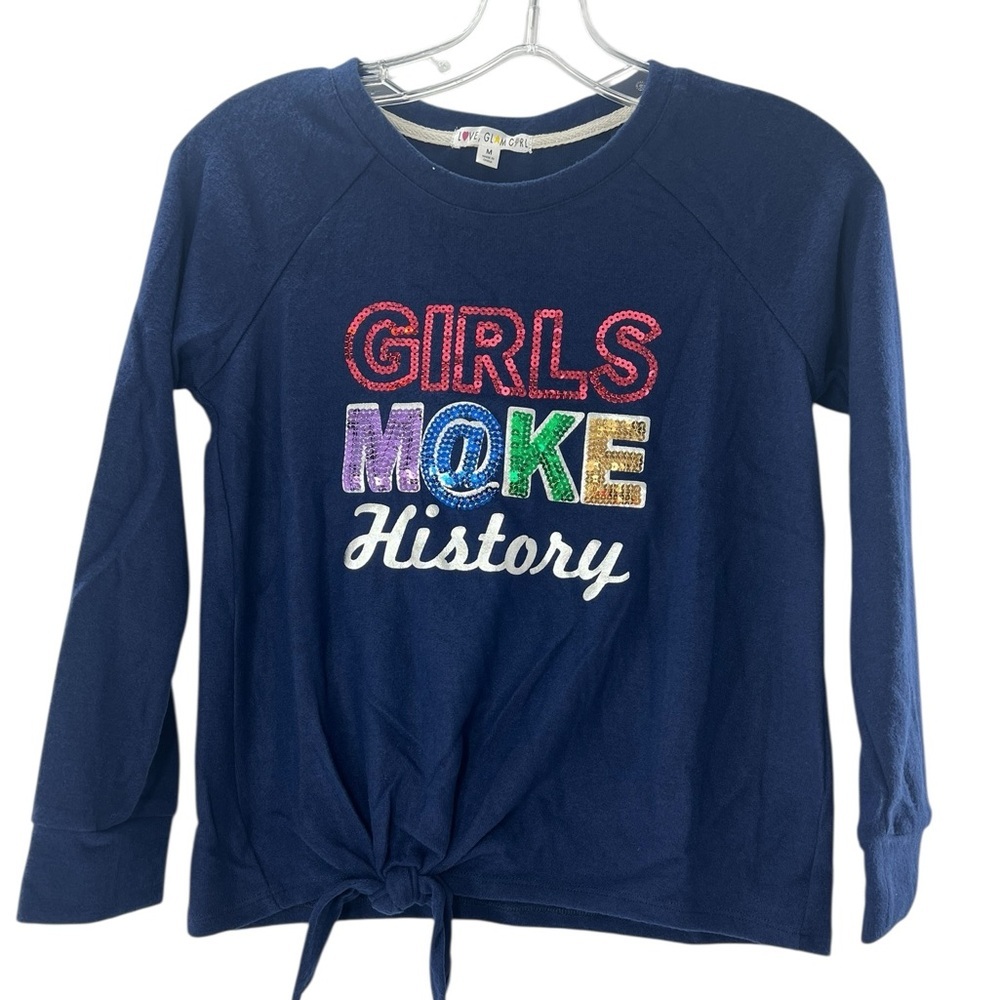 Love, Glam Girl 'Girls Make History' Long Sleeve Tee with Tie Front- Navy Blue S